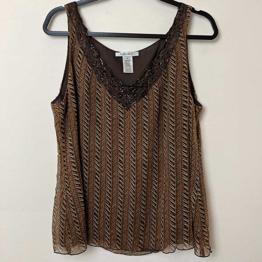 Nine West Y2K 100% Silk Brown Abstract Print Sequin Tank Top Women's 14 Large